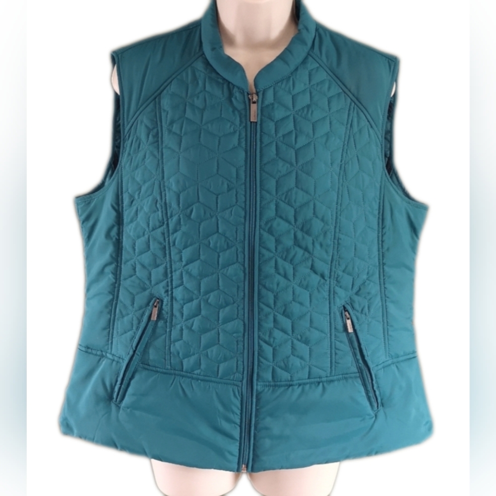 Olsen Europe Quilted Vest Mock Neck Lightweight Zip Pockets Teal Sz L